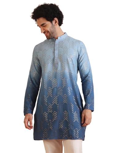 Image of KISAH Men's Navy Blue Printed Cotton Kurta - Regular Fit Long Tunic with Mandarin Collar | Ethnic Wear for Weddings & Festive Occasions
