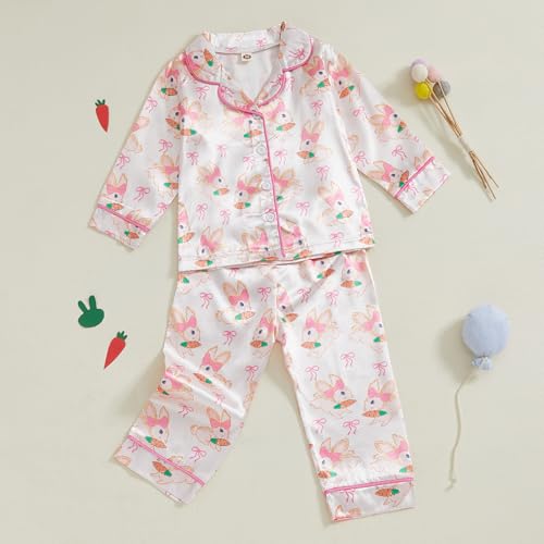 Toddler Baby Girl Boy Easter Satin Pajamas Set Cute Bunny Long Sleeve Button-up Shirt Top Long Pants Sleepwer3