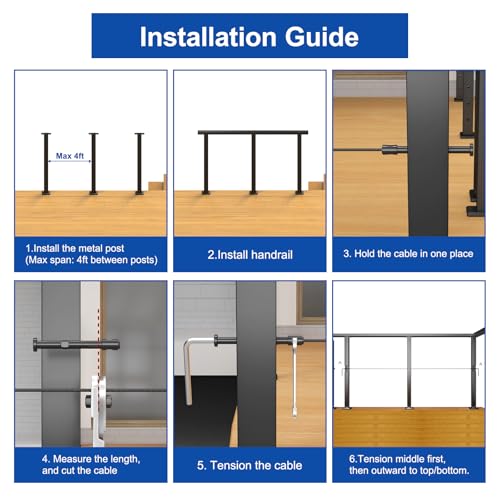 Image of BLIKA 8FT-16FT Complete Set 42 inch Cable Railing Post Kit, Black Level Drilled Cable Railing Post, Swageless Cable Railing System Include 3Pack Level Posts, 1 /8 inch 200FT Stainless Steel Cable(No Handrail)