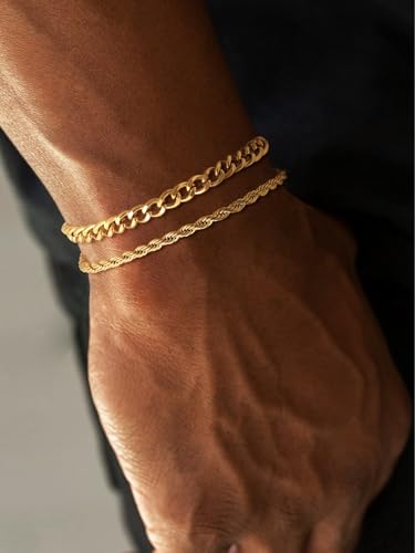 Mens Bracelet, 14K Gold Plated/Streling Silver Bracelets for Men Layered Cuban Rope Chain Bracelets 3mm/5mm Dainty Bracelets for Mens 6.5-9 Inches Gold/Silver Jewelry for Men Gifts3
