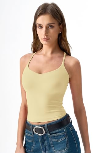 Image of QINSEN Womens Cross Back Tank Top V Neck Double Lined Camisole Top Sleeveless Spaghetti Strap Going Out Tops