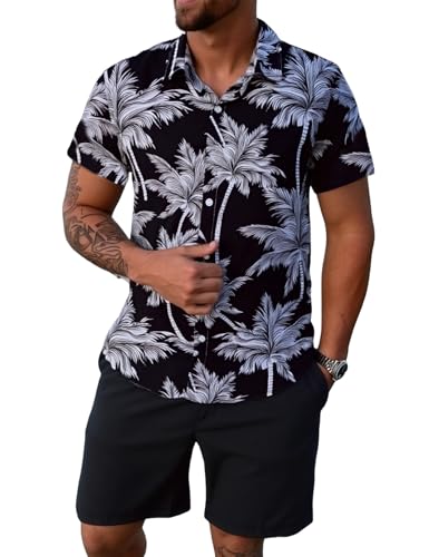 Image of Yimoon Men's Summer 2 Piece Outfits Tropical Print Short Sleeve Button Down Hawaiian Beach Shirt and Shorts Set