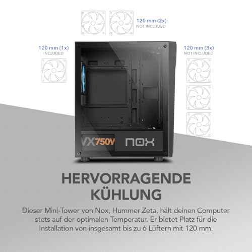 NOX Xtreme Products Infinity Zeta – Micro ATX/ITX Mini-Tower mit dynamischem ARGB Rainbow, Seitenteil aus gehärtetem Glas, Platz für 6 Lüfter, kompatibel mit Grafikkarten bis 310 mm, USB 3.0, Schwarz