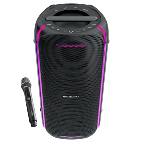 Image of Zebronics Portable Bluetooth Speaker, 90W, Upto 6 Hours Playback, Dual Full-Range Drivers, Karaoke, TWS, BT v5.3, USB, AUX, RGB, Deep Bass, Wireless Mic with Display, Type-C Charge (Party Fyre 100)