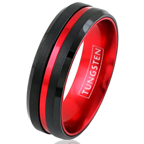 Personalized Engraved 6mm/8mm Black Tungsten Ring w/Red Anodized Aluminum Inner Band & Recessed Stripe (tungsten (8mm), 9.5)