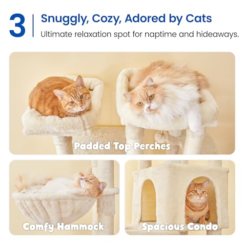 Image of MWPO Large Cat Tree for Indoor Cats, 63-inch Cat Tower with 3 Cat Condos, Scratching Posts, Padded Perches, Hammock, Dangling Toys, Beige