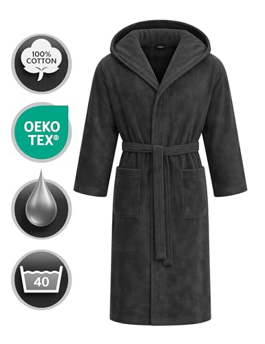 Morgenstern Bademantel Herren Kapuze 100% Baumwolle Frottee OEKO-TEX Velours Morgenmantel Lang Finn Dunkelgrau XL
