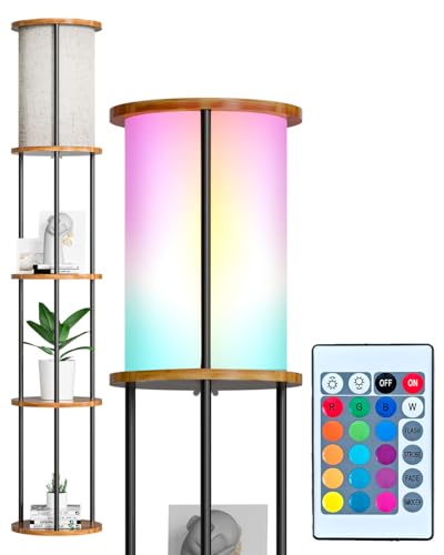 Image of Lightdot 61 inch RGB Floor Lamp with Shelves, 3-Tier Storage Smart Remote Control Standing Lamp with Fabric Shade, Bulb Included, Dimmable Floor Lamps for Living Room /Sofa Beside /Corner Decor (Black)