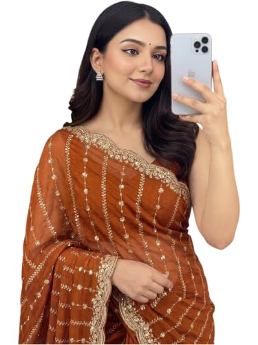 Image of RADHA Women's Embroidery Work Saree with Designer Border for Festive and Traditional Ethnic Drape Saree with Detailed Thread Style Pattern and Elegant Occasion Look