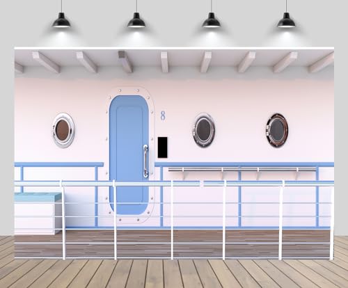 chnywork 5x3ft Luxury Cruise Ship Backdrop Cruise Ship Wooden Open Deck Blue Cabin Door Sunny Scenery Background Summer Holiday Birthday Travel Party Decor Photo Booth Studio Prop Wallpaper