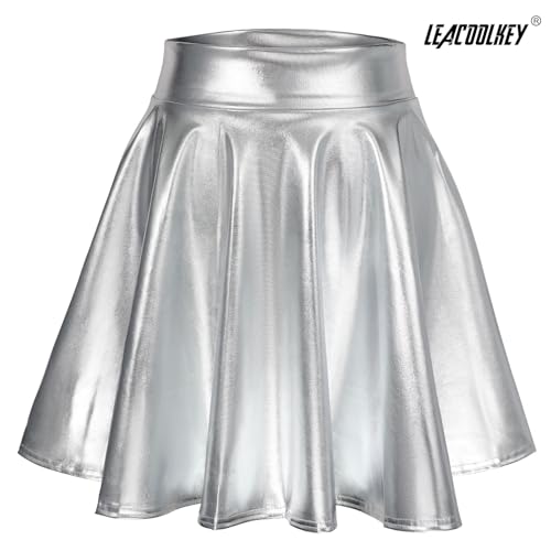 LEACOOLKEY Women's Fashion Flared Pleated A-line Skater Skirt Shiny Stretchy Skirt4