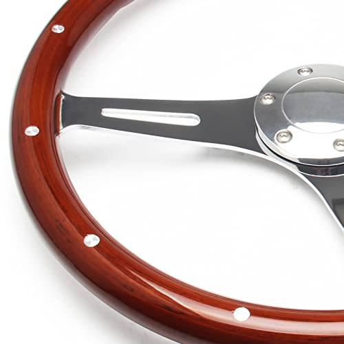 15" Classic Wood Grain Steering Wheel Riveted Light Wood Grip Universal Automotive Steering Wheels Slotted 3 Spoke with Horn Button
