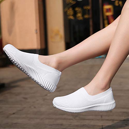 Women's Athletic Walking Driving Shoes Casual Mesh Comfortable Sneakers Loafers Slip On Flats Tennis Trainer Shoes (US:5, White)