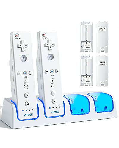 4-in-1 Wii Remote Charging Station, VOYEE Fast Charging Station with 4 Pack 2800mAh Wii Rechargeable Battery Pack and Type-C USB Cable, Wii Charger Compatible with Nintendo Wii/Wii U Controller White