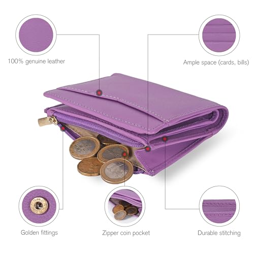 Image of Oak Leathers Leather Wallet For Women - Small RFID Coin Purse Credit Card & ID Holder for Ladies, Gift for Women's, Bifold Wallets (Nappa Lilla)