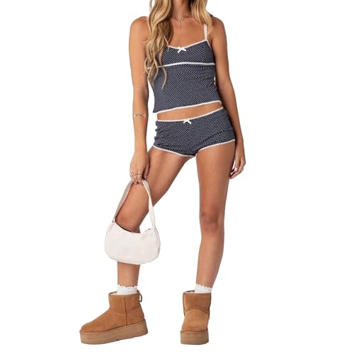 Image of Yuemengxuan Women Y2k Polka Dot Pajamas Sets 2 Piece Sexy Summer Outfits Set Sleeveless Strappy Cami Top Crop Top Shorts Set