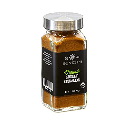 The Spice Lab Organic Cinnamon Powder Ground - Gluten Free Cinnamon Powder for Cinnamon Rolls, Apple Pie, Coffee Drinks & Meat Dishes - 1.6 oz French Jar - Kosher & Non GMO Organic Cassia Cinnamon
