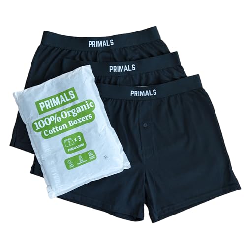 PRIMALS 100% Organic Cotton Boxers - Improves Testosterone & Fertility - Soft & Breathable - Midnight Black (3 Pack)