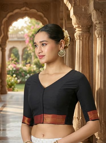 Image of Studio Shringaar Women's Handloom Cotton Stretchable (Smocked) Saree Blouse with Temple Zari Border