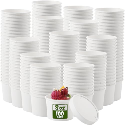 Image of Fulmoon 8 oz 100 Pack Paper Containers with Lids Soup Bowl Cup, White | Disposable Ice Cream Cup, Kraft Food Containers with Vented Lid Stackable for Hot Soup Dessert Cake Fruit Microwave Takeout