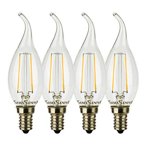 SUNSEED 4 X E14 2W (Equivalent to 25W) Sapphire Filament LED Flame Light Bulb C35TA Warm White 2700K, Pack of 04 - Warm White 2700k