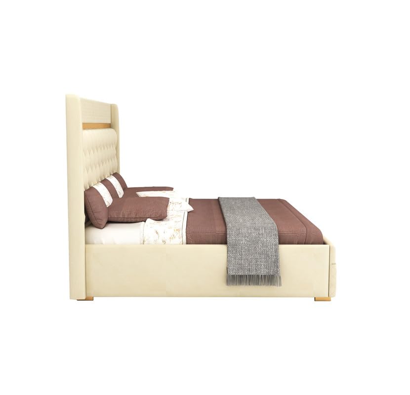 Image of MAMTA DECORATION Solid Wood Queen Size Bed with Box Storage | Premium Velvet Upholstered Tufted Headboard Palang Cot Bed | Modern Wooden Double Bed for Bedroom, Home, Hotel & Guest Room | Beige Finish