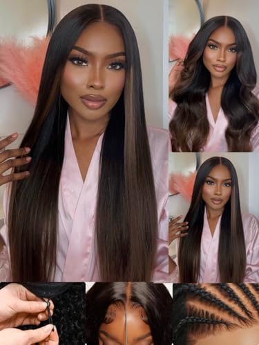 Image of Sunber Ombre Chestnut Yaki Straight Human Hair Wigs with Drawstring 20inch | Put and Go Bye Bye Knots Pre Cut 7x5 HD Lace Front Glueless Yaki Wigs Pre Plucked Invisible Knots Beginner friendly