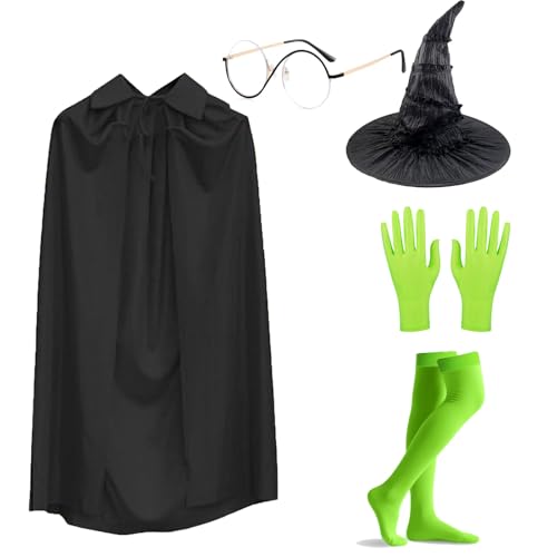 Halloween Costumes for Kids, Girls Costume Wicked Witch Costume Green Costumes with Hat, Glasses, Gloves, Socks, Cape for Girls Children Halloween Witch Costume Cosplay Party
