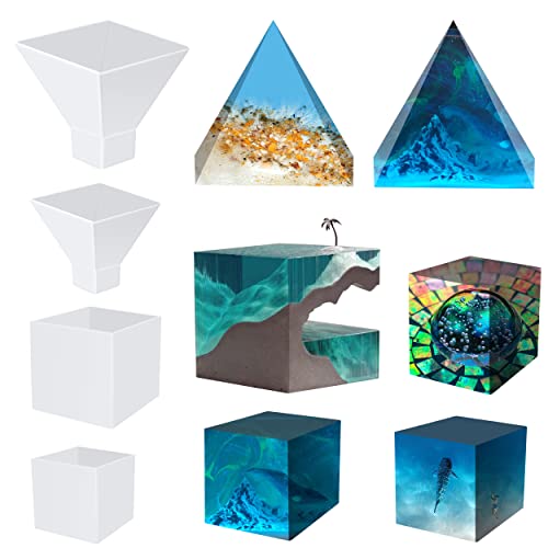 OUZRTG 4 pièces Kits en silicone pour moules en résine époxy Kits en résine en fonte pour débutants avec moules fabrication de bijoux Décoration artisanale Moules cube de pyramide en silicone Cover