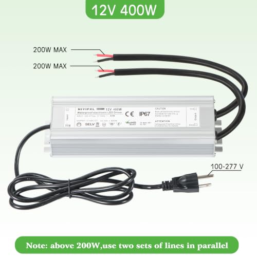 Image of LED Driver 400 Watts(200W X2) 12V DC Transformer,Waterproof IP67 Power Supply, Adapter with 3-Prong Plug 4.9 Feet Cable for Any DC led Lights, Computer Project, Outdoor Light