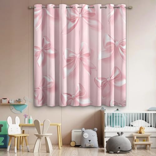 Cute Bow Blackout Curtains, Pink Curtains for Bedroom Living Room, 66x90 Inch Drapes, Eyelet Thermal Window Treatments, 2 Panels GSJC228 - Image 3