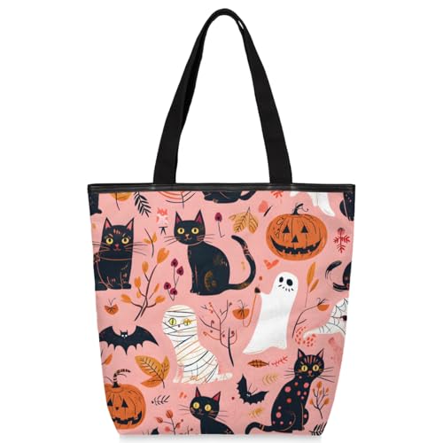 Mularoka Cat Pumpkin Bats Canvas Tote Bag with Zipper and Pockets Canvas Tote Shopping Bag Women Reusable Grocery Bag for Beach Travel Gym Shopping