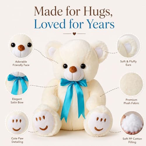 Image of White Teddy 30cm | Ultra Soft Plush Stuffed Toy | Cute Hugging Pillow | Gift for Kids Boys Girls