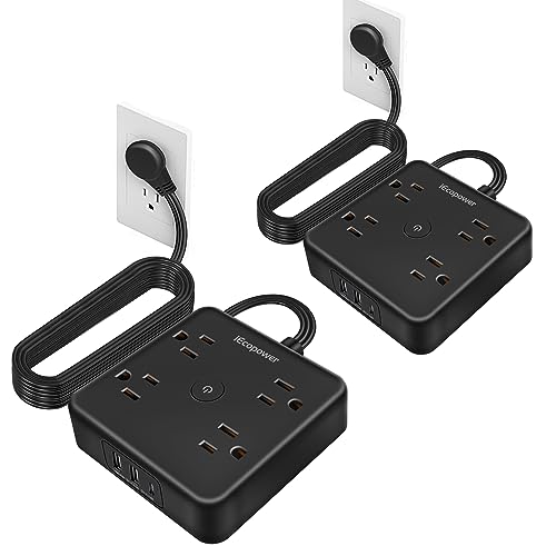 Power Strip 15 ft Cord,Long Power Strip with 4 Widely Outlets, Thin Extension Cord with 3 USB Ports(1 USB C Port),Slim Desk Charging Station,Black(2 Pack)