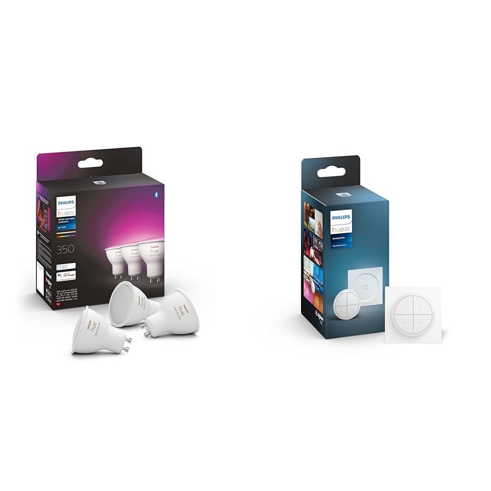 Philips Hue Philips Hue White & Colour Ambiance Smart Spotlight 3 Pack LED - 350 Lumens 929001953115 & Tap Dial Switch Easy Smart Lighting Control. Indoor Home Lighting Automation, Set Scenes