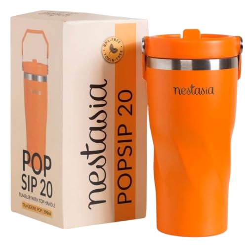 Image of Nestasia PopSip20 Stainless Steel Kids Tumbler (590 ml) - Insulated Sipper with Built-in Straw, Top Handle & Leakproof Lid | Water Bottle with Embossed Design for Adults, Travel & Gym (Tangerine Pop)