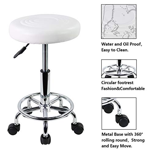 KKTONER PU Leather Modern Round Rolling Stool with Footrest Height Adjustable Spa Drafting Salon Tattoo Work Massage Stools Task Chair Small (White) - Thumbnail 6