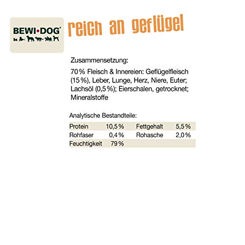 BEWI DOG Fleischkost reich an Geflügel [800 g] Dose | Nassfutter für Hunde | getreidefrei | sortenrein | Muskelfleisch & Innereien mit fester Fleischstruktur | 6 x 800 g