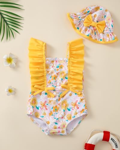 Image of Toddler Girl Swimsuit Baby Girl Bathing Suit Long Sleeve Floral Zipper One-Piece Rash Guard Swimsuit with Hat