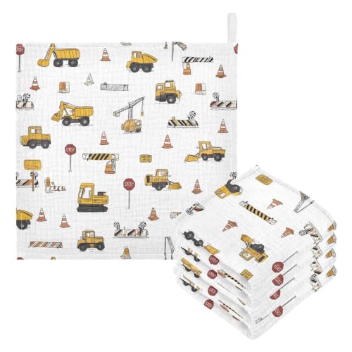 Image of vvfelixl Construction Trucks Baby Burp Cloths Baby Muslin Washcloths for Boys Girls Cotton Babys Face Towel for Newborn Soft 11.8 X 11.8 in, 5 Pack