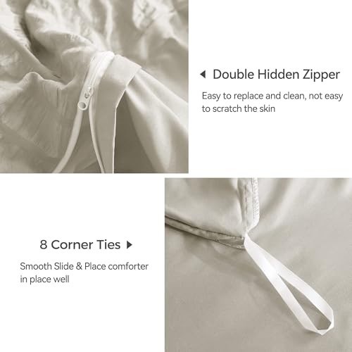 Image of JELLYMONI Beige Duvet Cover Queen Size, 3pcs Washed Microfiber Bedding Set, Soft Breathable Seersucker Duvet Cover Set with Zipper Closure and Corner Ties for All Seasons
