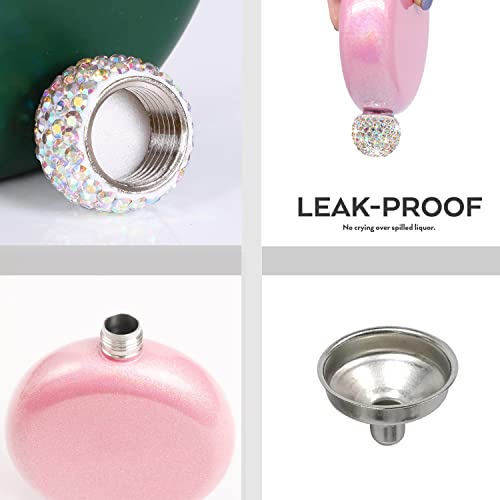 Intor Liquor Flask For Women, 5Oz 304 Stainless Steel Portable Hip Liquor Flask, Cute Shiny Leak-Proof Pocket Flask With Funnel Crystal Cap (Pink) #TOP3