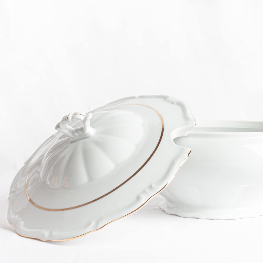 Sopera de porcelana blanca (3 l) Rhein, 1 tapa de porcelana, filo de oro