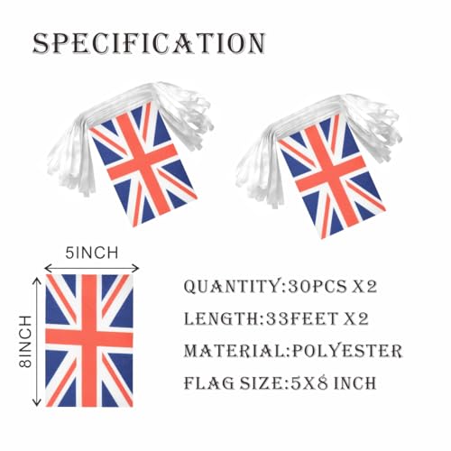 Image of 2 Pack Union Jack Flag Banner String Small Mini 66 Feet 60 Pcs UK British Hanging Flags Decoration