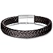 FIBO STEEL Stainless Steel Clasp Braided Leather Bracelet for Men Cuff Bracelet 7.5 inches Brown