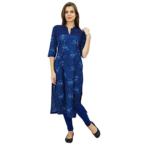 Bimba Womens Cotton Tunic Top Long Kurta Indian Ethnic Printed Blouse Blue #TOP2