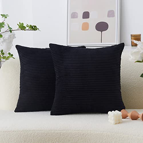 Home Brilliant Sofa Cushion Covers Black Cushion Cover Super Soft Striped Corduroy Decorative Pillows for Bed, 65 x 65cm, 26 inch, Set of 2, Jet Black