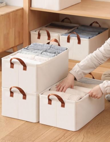 Image of HomeCloud Foldable Cloth Basket for Storage with Metal Frame and Handles, Clothes Organizer for Wardrobe, Clothing Storage Solutions, (Beige, Pack Of 2)