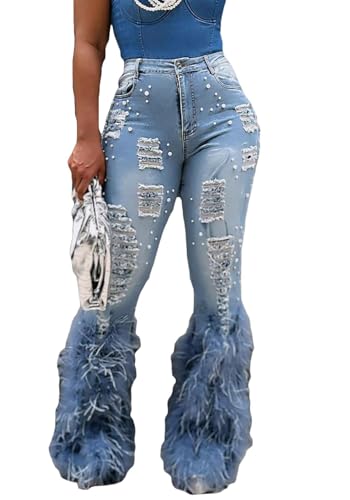 YOOTIKO Women Stretch Pearl Ripped Jeans High Waisted Butt Lifting Skinny Feather Flare Denim Pants