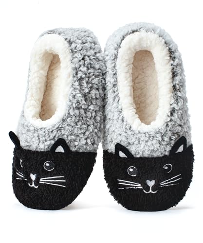 Hygknixx Cat Slippers for Women Cute Fuzzy Plush Soft Sole Slipper Socks with Non Slip Grippers Adult Size 7-8